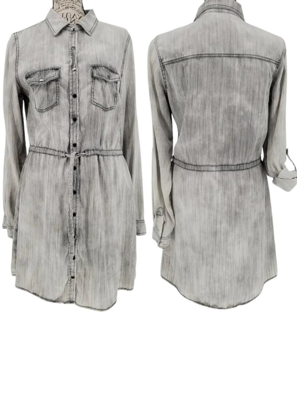 Maurices Gray Denim Shirt Dress Mechanic Style, Snap Front, Belted Waist, Size M